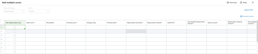 Image showing where you can add multiple assets in one batch on QuickBooks.